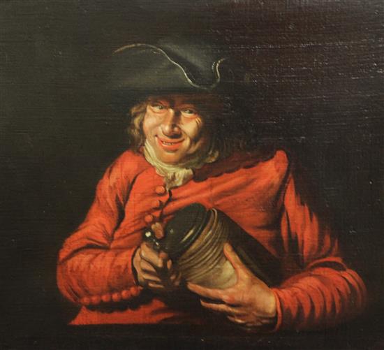 Attributed to Heroman van der Mijn (1684-1741) Portrait of a gentleman wearing a tri-corn hat, holding a stein, 20.5 x 25in.